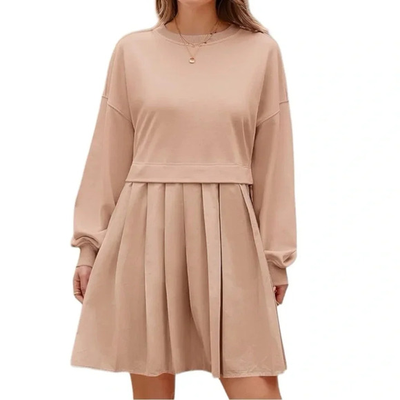 PRETTY GARDEN Women’s Long Sleeve Ok Pleated Patchwork  Pullover Mini Dress - Picture 6 of 9